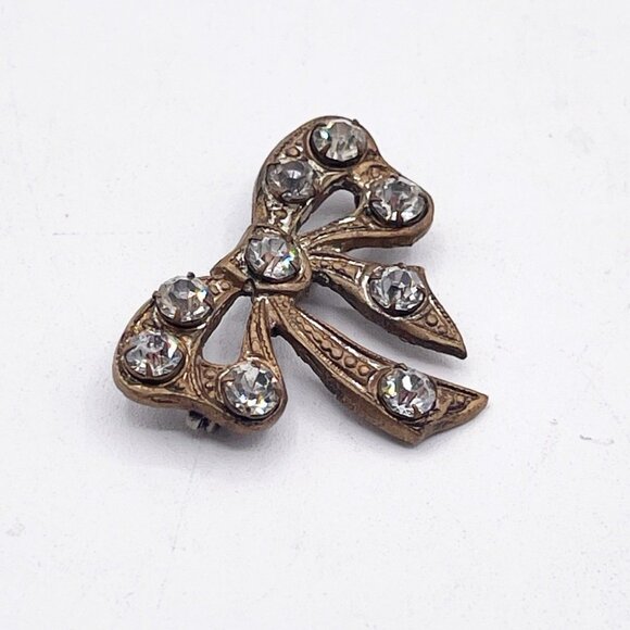 Antique Rhinestone Bow Brooch C Clasp Edwardian Art Deco Clear Sparkle Jewelry - Picture 3 of 10